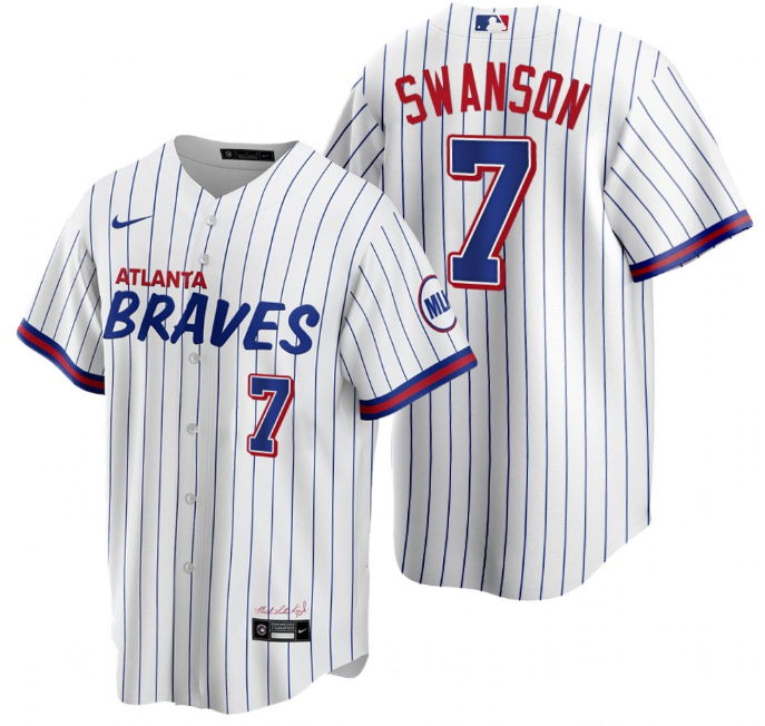 Men's Atlanta Braves #7 Dansby Swanson 2021 White City Connect Stitched Jersey Men's Atlanta Braves #7 Dansby Swanson 2021 White City Connect Stitched Jersey